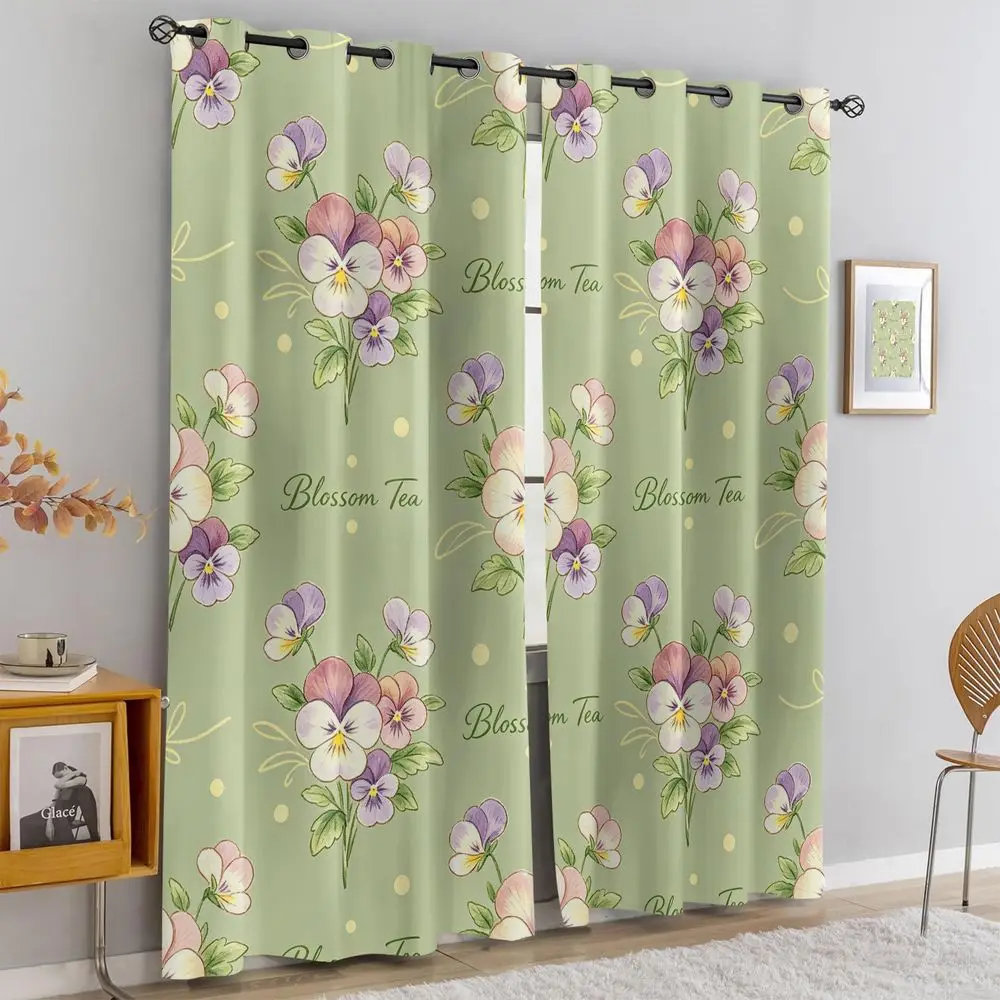 Light Green Pansy Floral Curtains 2 Panels Light Blocking Rate 85% Printed Darkening Decoration Curtains Cottage Guest Room
