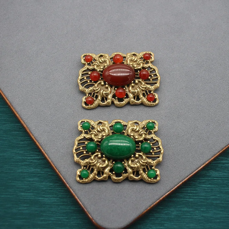 

Used Natural Stone Vintage Brooch - Red Agate Square Openwork Carved Brooch