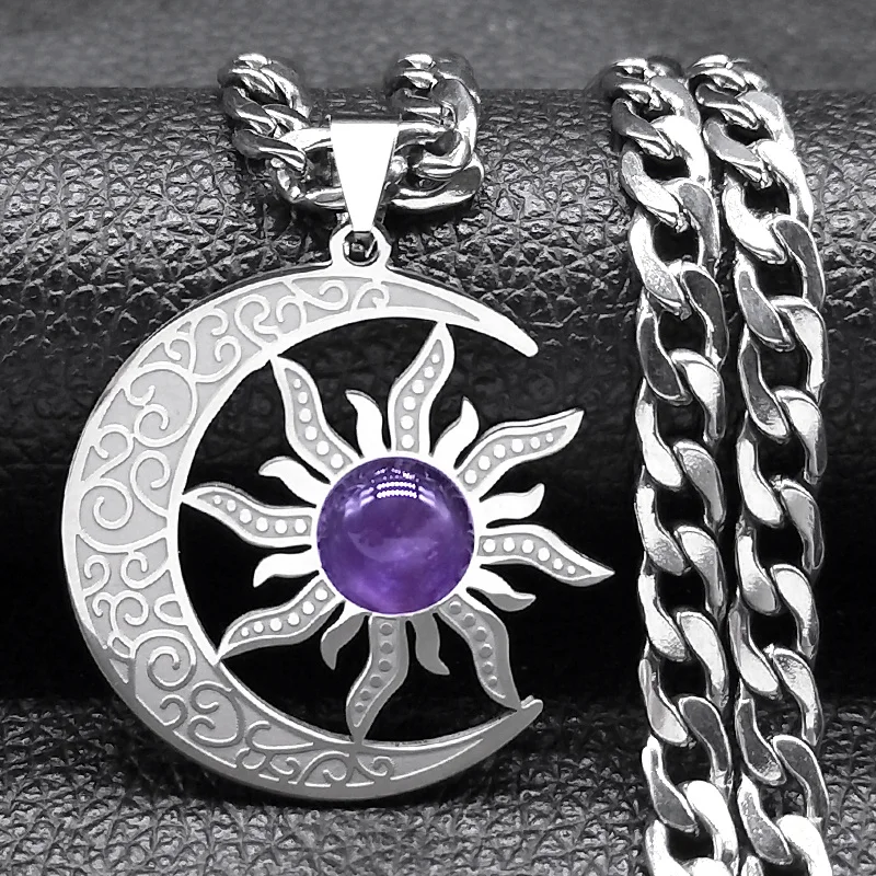 Wicca Sonne und Mond Halsketten Edelstahl Tigerauge Naturstein exquisite Anhänger Halskette Party Schmuck Geschenk N3079GDS03 – Detail 4