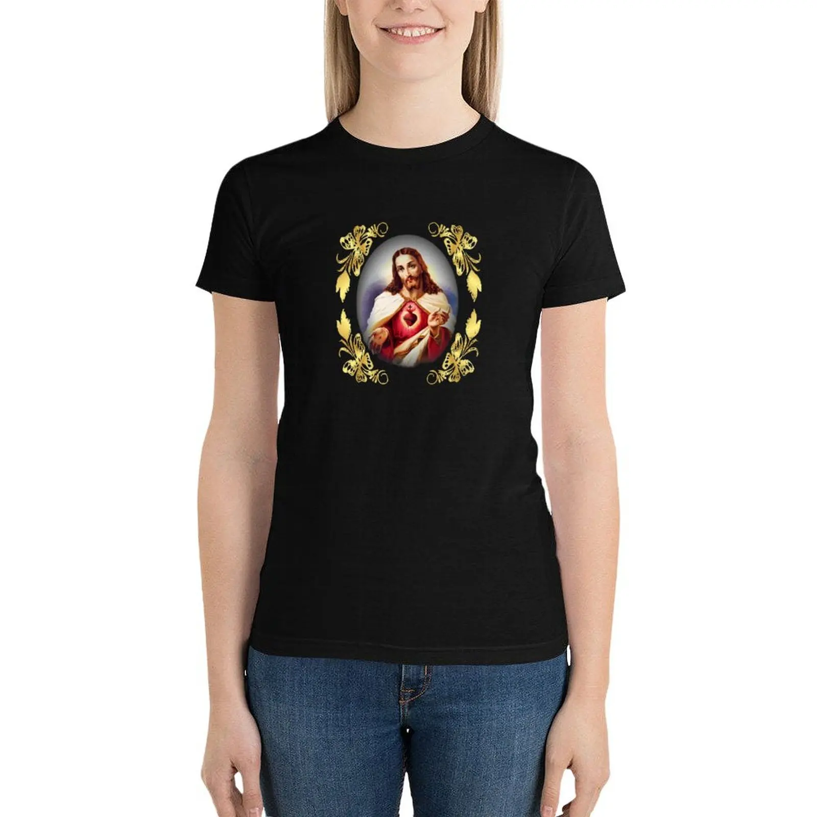 Sacred Heart of Jesus Catholic Detente Sagrado Corazon de Jesus T-Shirt Short sleeve tee Woman clothes