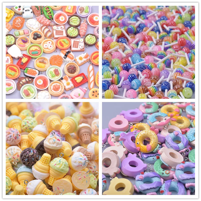 20pcs Random Mix Food Accessories Ice Cream Doughnut Charm Pendant Jewelry Making Bulk Resin Materials To Make Earrings Keychain