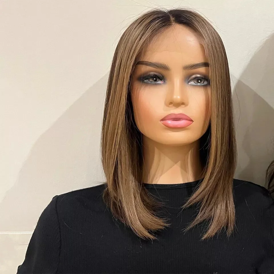Dark Brown Lace Front Wig 14 Inch Straight Soft Bob Wig Heat Resistant Fibre Shadow Roots Natural Preplucked Hairline Womens Wig