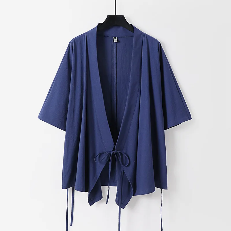 

Plus Size 3XL-9XL Men's Japanese Kimono Cardigan Yukata Haori Retro Harajuku Samurai Costume Thin Cotton Linen Jacket Male Shirt