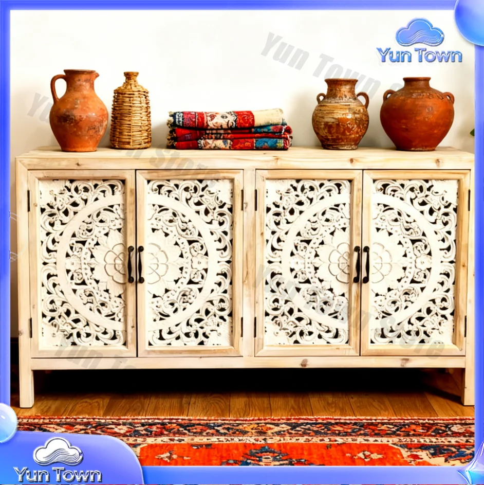 Multi-Functional Porch Cabinet for American French Country Style Antique Decor Carved Wood Living Room Locker