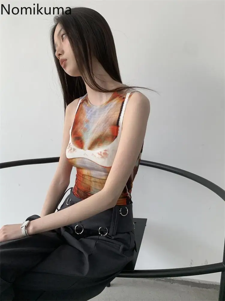 Fashion Summer Crop Tops Temperament Print Tanks Women\'s Clothing Sleeveless Tunic Gauze Vest Sexy Vintage Camis 2023 Ropa Mujer