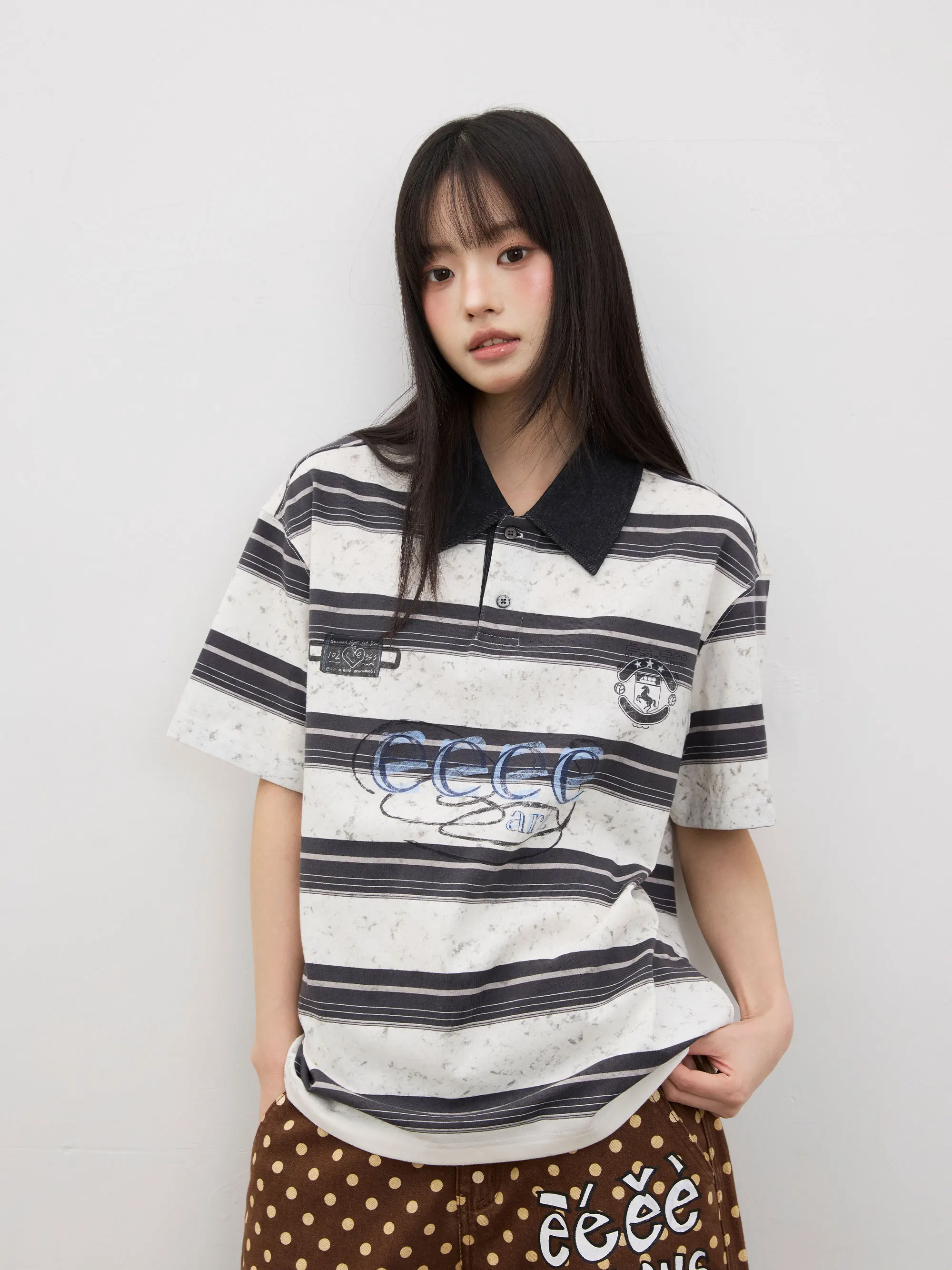 Eeee Academy Style Striped  Shirt Letter Print Short Sleeve T-Shirt Spring Summer Unisex Standard Fit Printed  Top