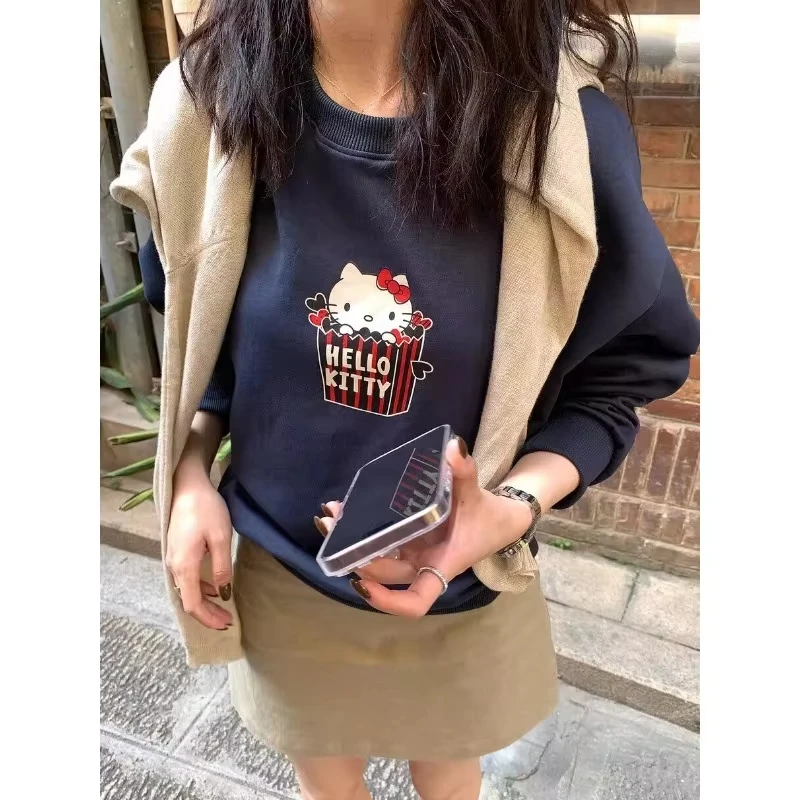 سويت شيرت MINISO Disney Korean Ins Niche Fun Kitty من الأمام والخلف مطبوع فضفاض من القطن برقبة دائرية مريح هاراجوكو