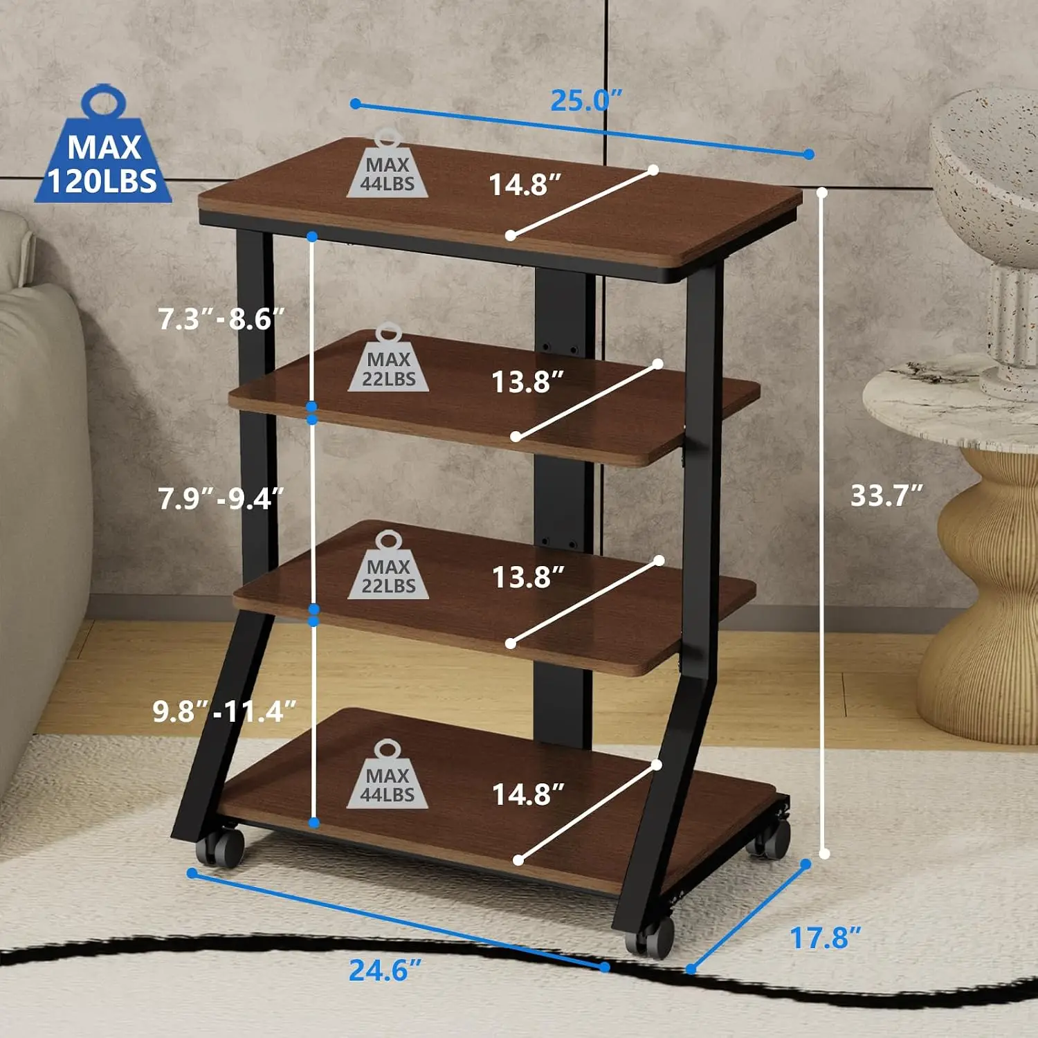 Wheeled Adjustable Wooden Audio Tower Media Shelf Stereo Rack Corner Entertainment Record Player TV Stand