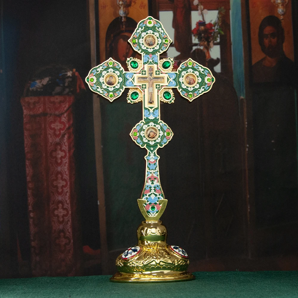 Luxuriöses Orthodoxes Christliches Geschenk: Vergoldetes Grünes Cloisonné-Standkreuz, Kirchenqualität, Altar-Kruzifix für Spirituelle Heimdekoration – Detail 20