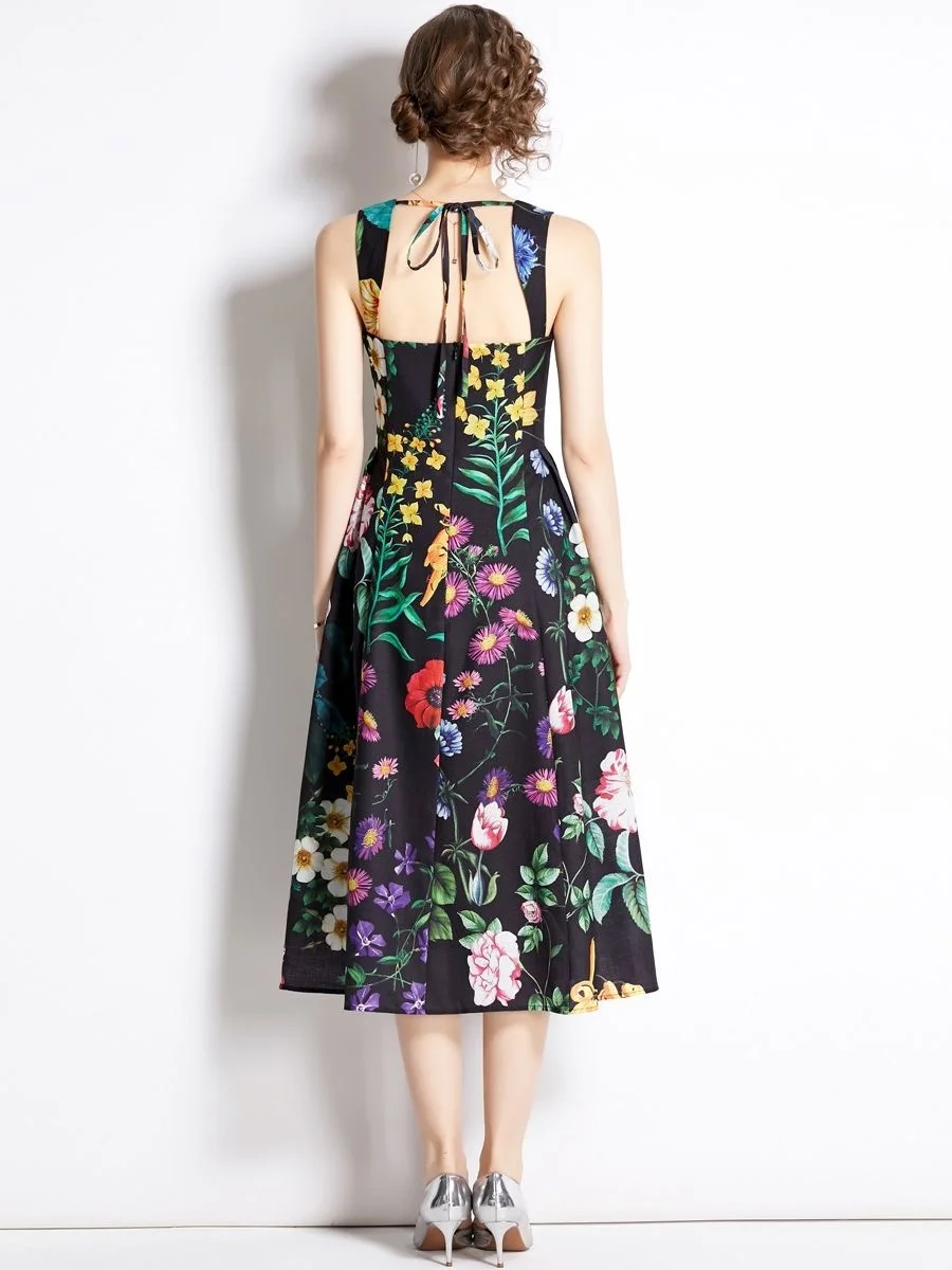 Holiday Flower Summer Tank Dress Women\'s Spaghetti Strap Backless Lace Up Floral Leaves Print Beach Vacation Midi Vestidos