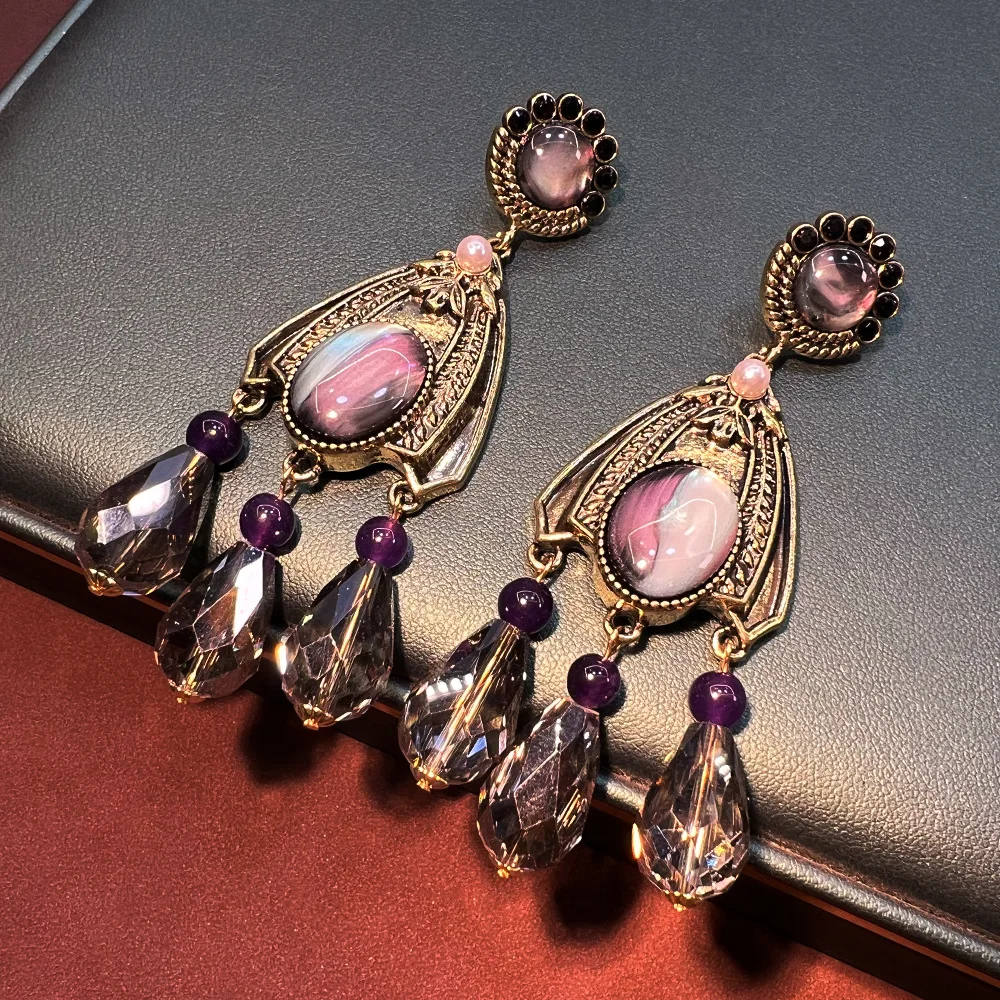 

Retro court style fringed water drop earrings vintage colorful old plated real gold European and American exaggerated medieval s