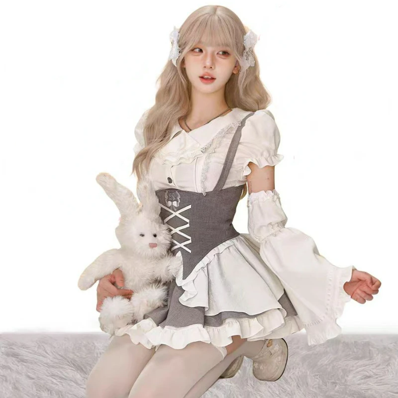 Japanese Kawaii Cute Lolita Skirt Set Women Sweet Lace Patchwork Shirt Top Slim Bandage Suspender Skirt Preppy Style Gothic Suit