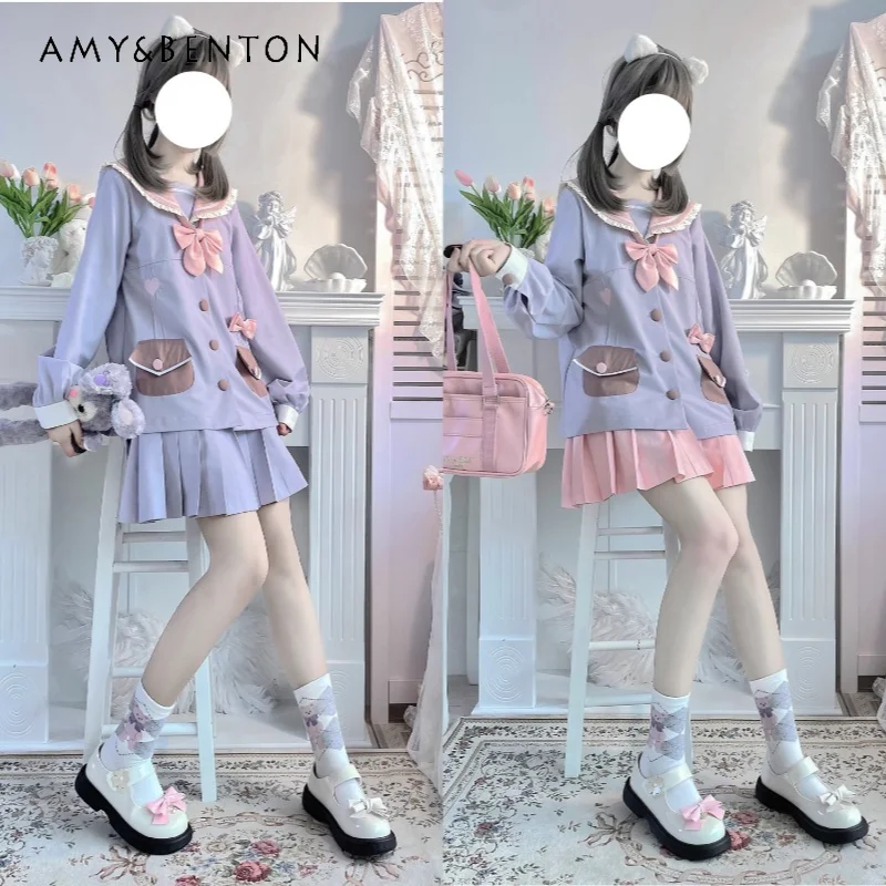 New Japanese Preppy Style JK Uniform Sailor Suit Original Cartoon Cute Spring Autumn Long Short Sleeves Top Skirt Set For Women