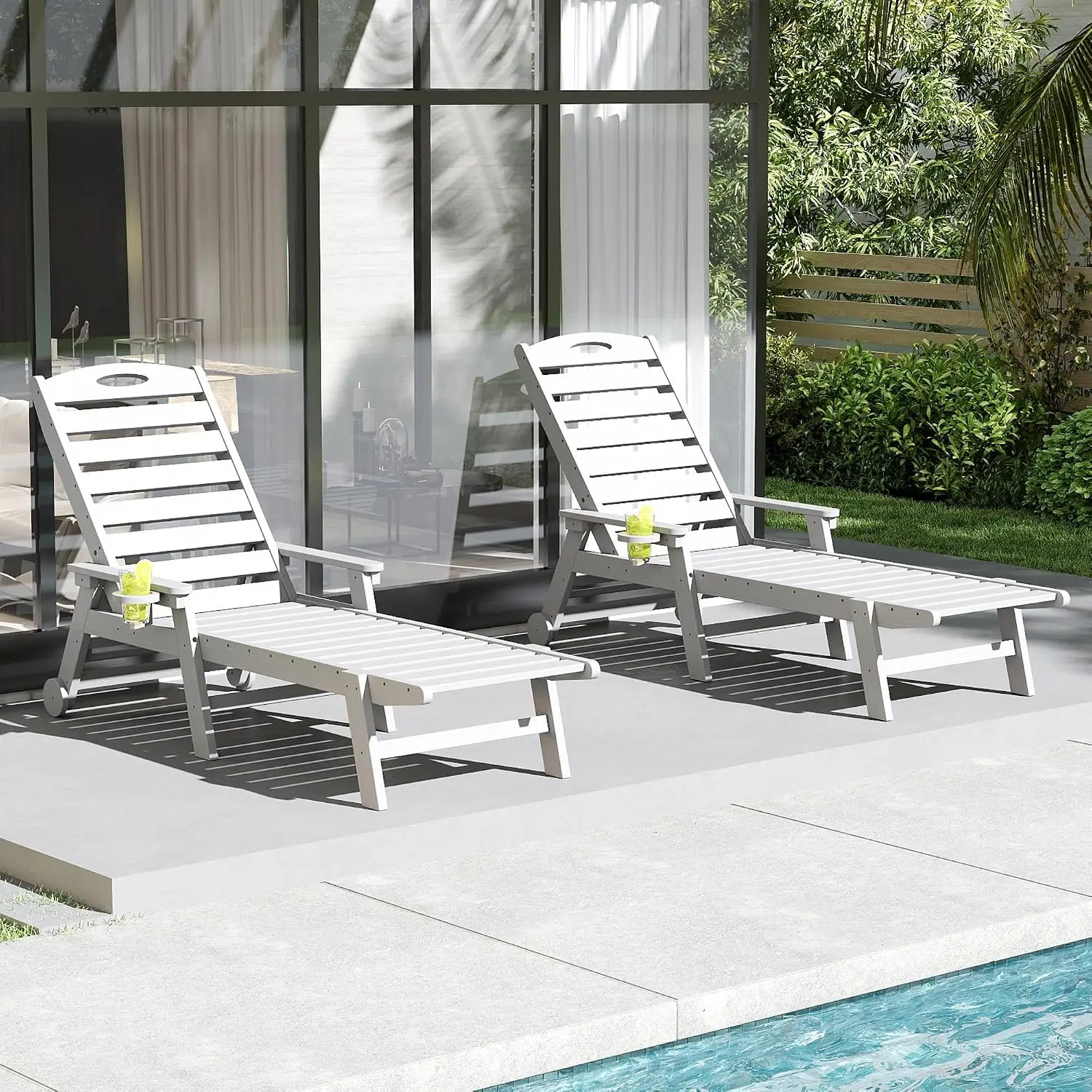 HDPE Outdoor Chaise Lounge Set of 2 with 5-Position Adjustable Backrest & Wheels for Poolside Sunbathing, White, Customized