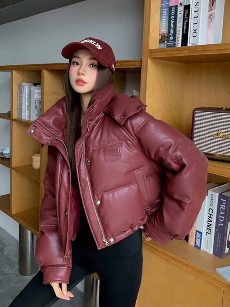 

Pu Leather Short Hooded Down Jacket Women's Overcoat 2024 Autumn Winter New White Duck Down Jacket Loose Hooded Warm Coat