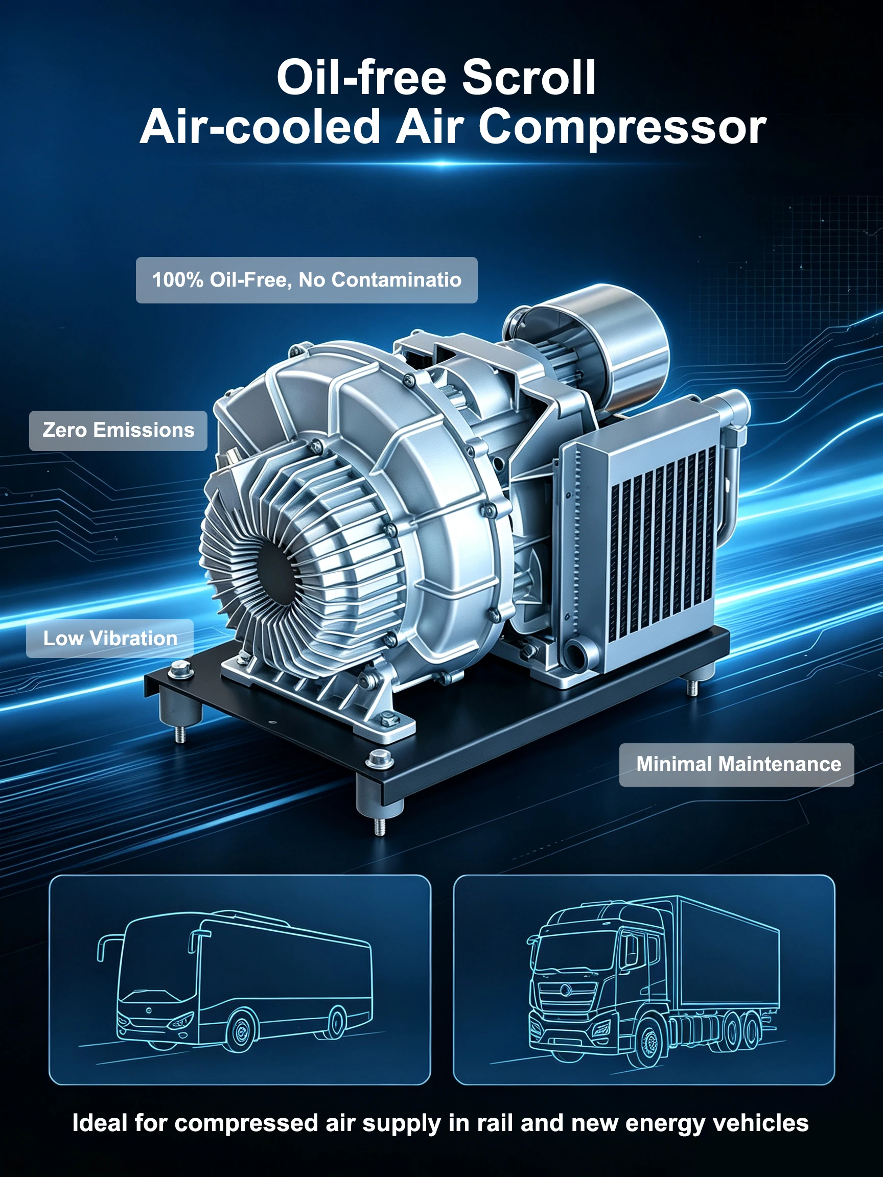 NF Ultra-low Noise 100% Oil-Free Oil-free Scroll Air-cooled Brake Air Compressor 3kw Air Compressor for Electric Buses