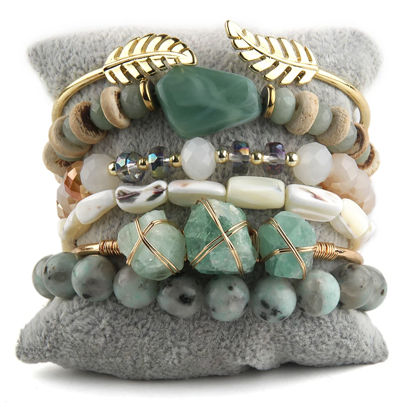 Fashion Bohemia Jewelry Accessory Stone Beaded and Crystal Charm 5pc Stack Stretch Bracelets Bangle Set For Women Gift