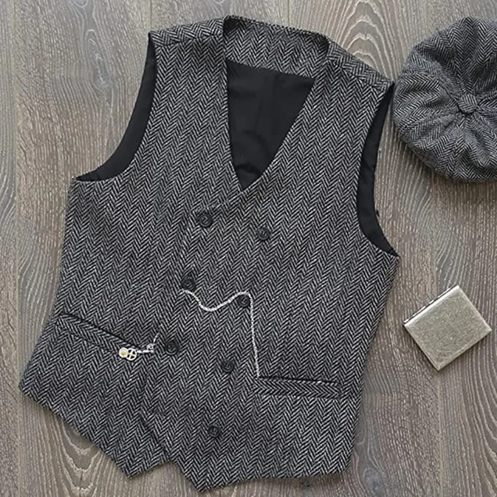 

Men Suit Gray V Neck Herringbone Wool Tweed Double Breasted Waistcoat Tuxedo Wedding Groomsmen Banquet Work Set