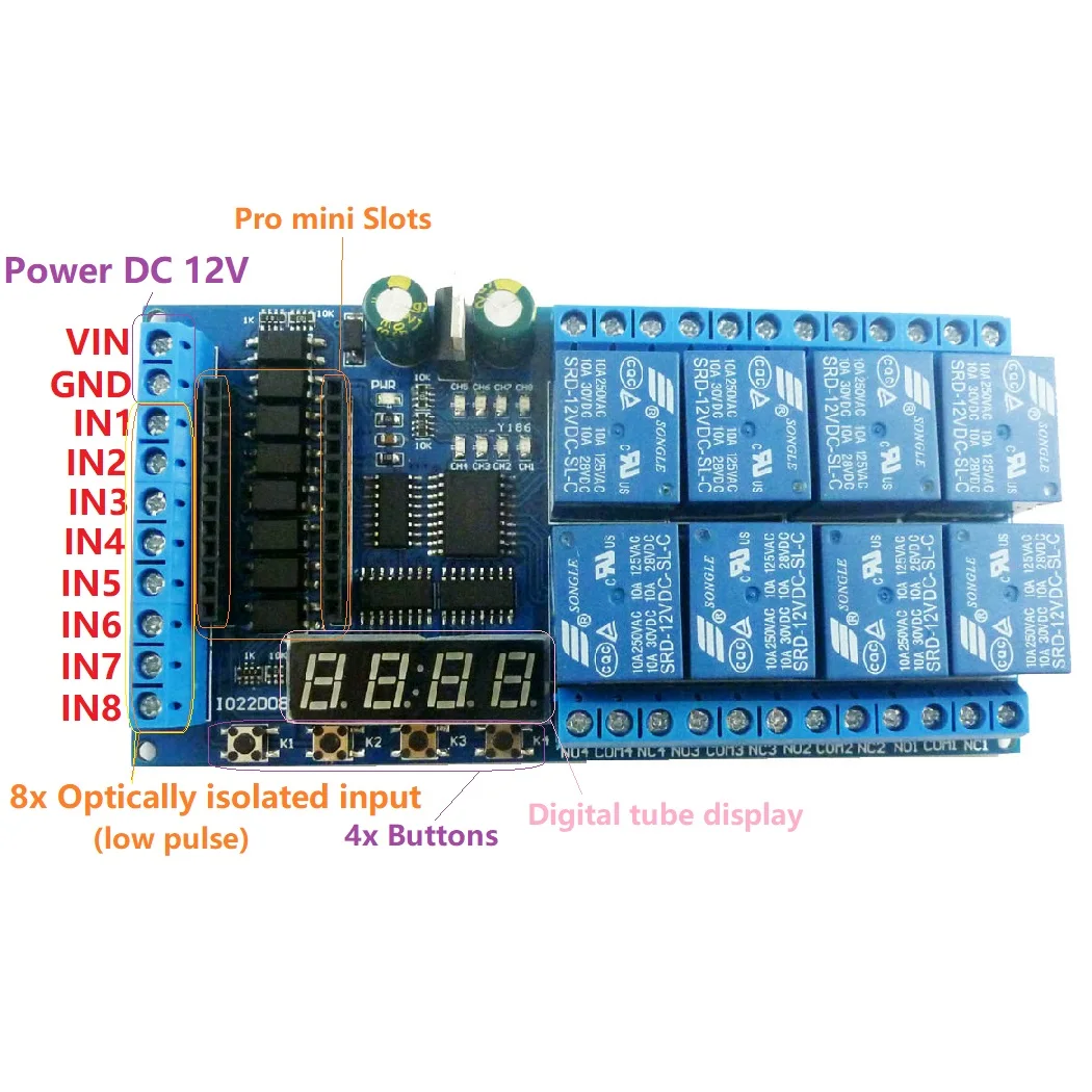 8 Channel DC 12V Pro Mini Relay Shield Module for Arduino MEGA2560 - PLC Board with Delay, Self-locking, Interlock, Timer Switch