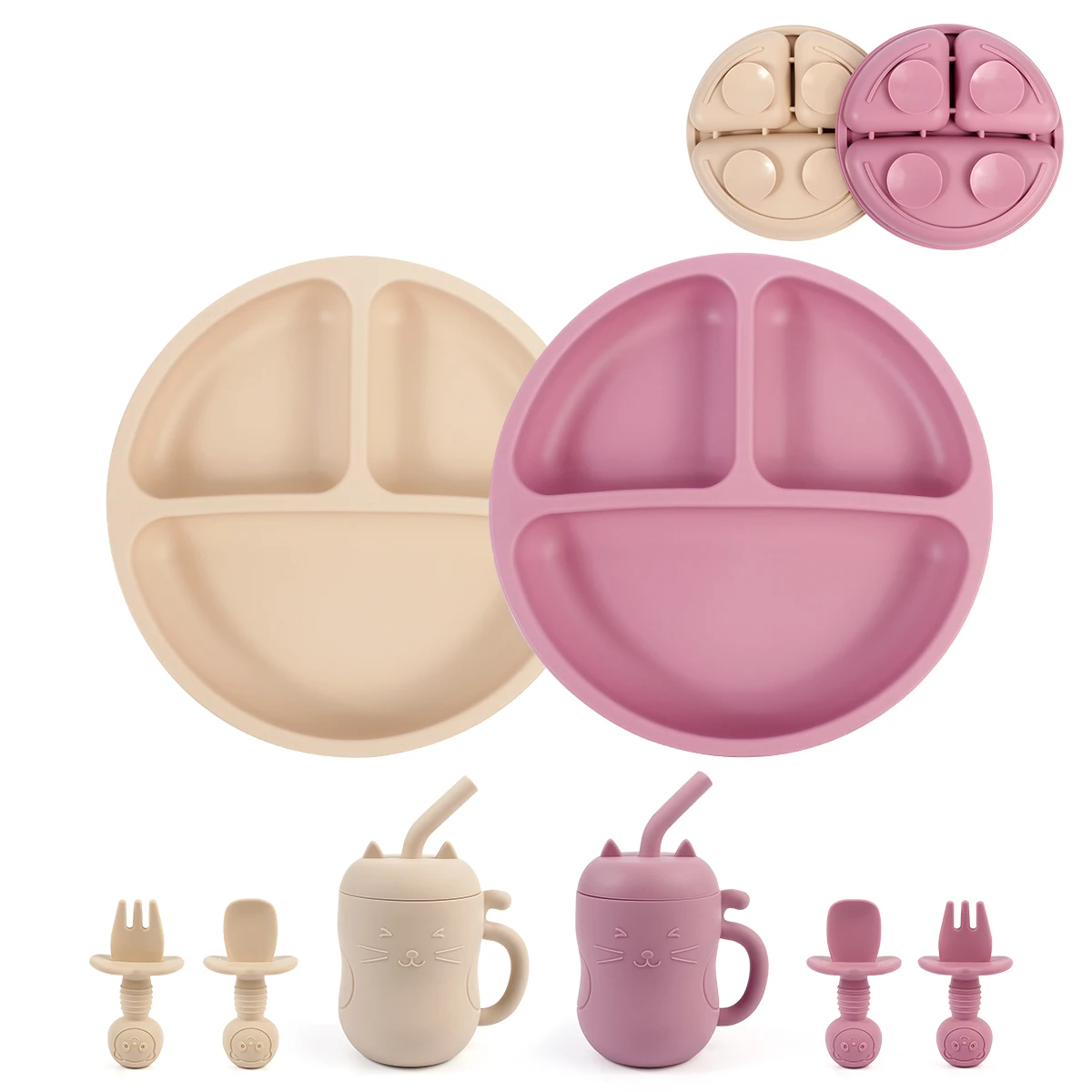 

TYRY.HU 4PCS Children Silicone Tableware Baby Feeding Set Silicone Dinner Plate Silicone Spoon Fork Silicone Straw Cup ﻿