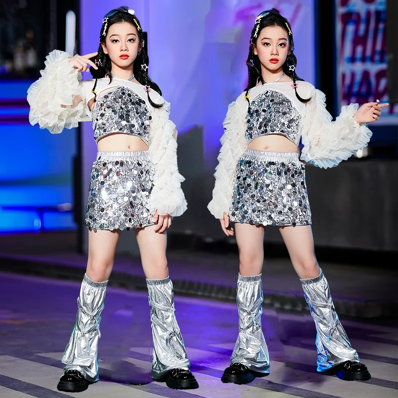 Silver Mirror Jazz Dance Costume Girls Cheerleading Outfit Kpop Clothing Children Runway Show Clothes Hip Hop Dancewear DL11207