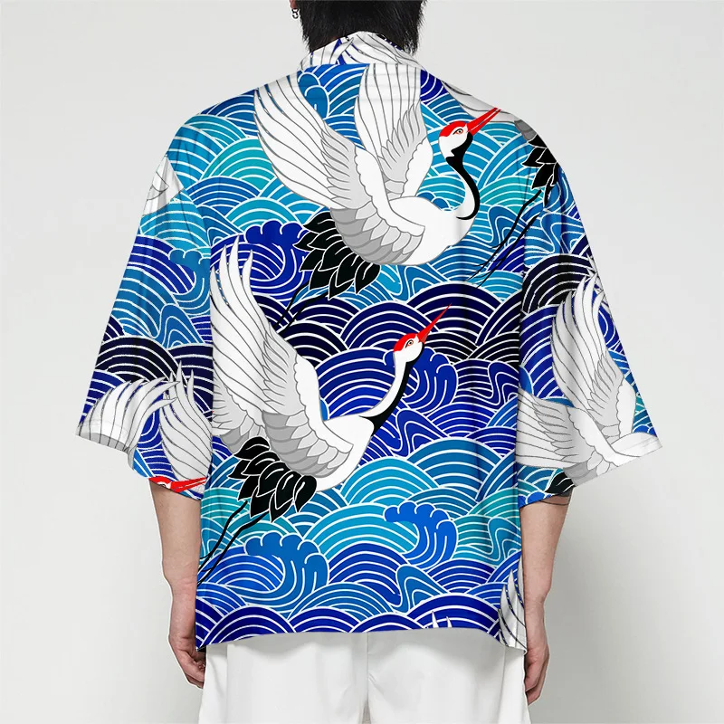 Japanese Crane Pattern Casual Kimono Summer Beach Haori Cardigan Yukata Tops Retro Samurai Harajuku Oversized Men's Clothing