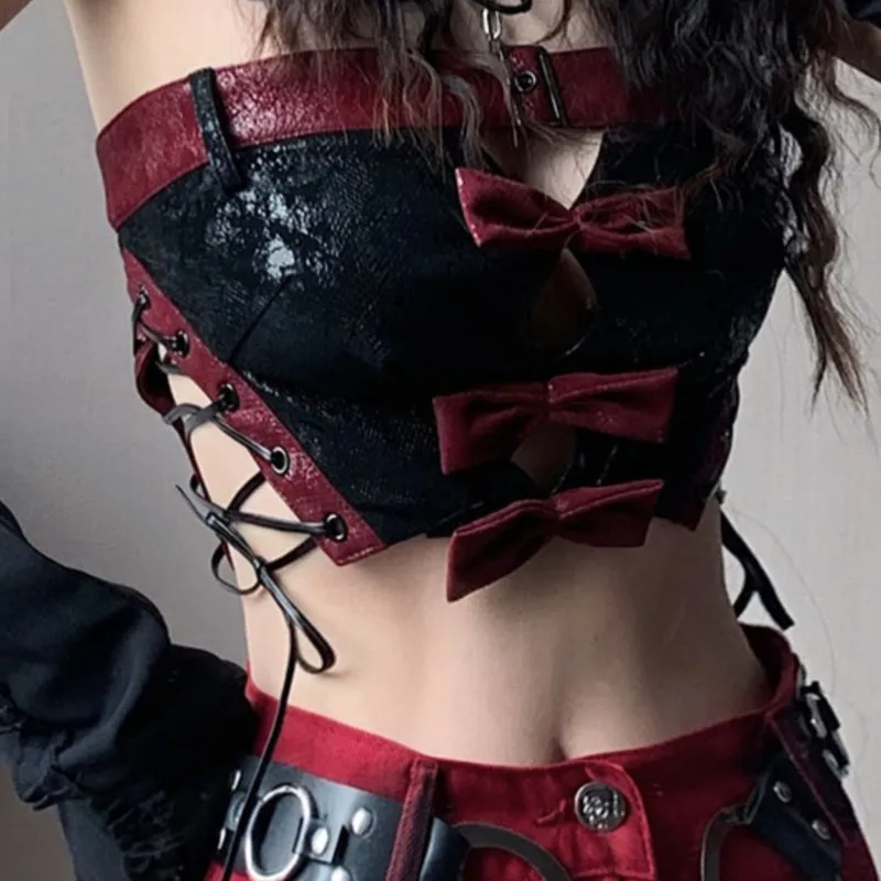 Dark Punk Gothic Style Sexy Lace-up Tube Top Vest Short Skirt