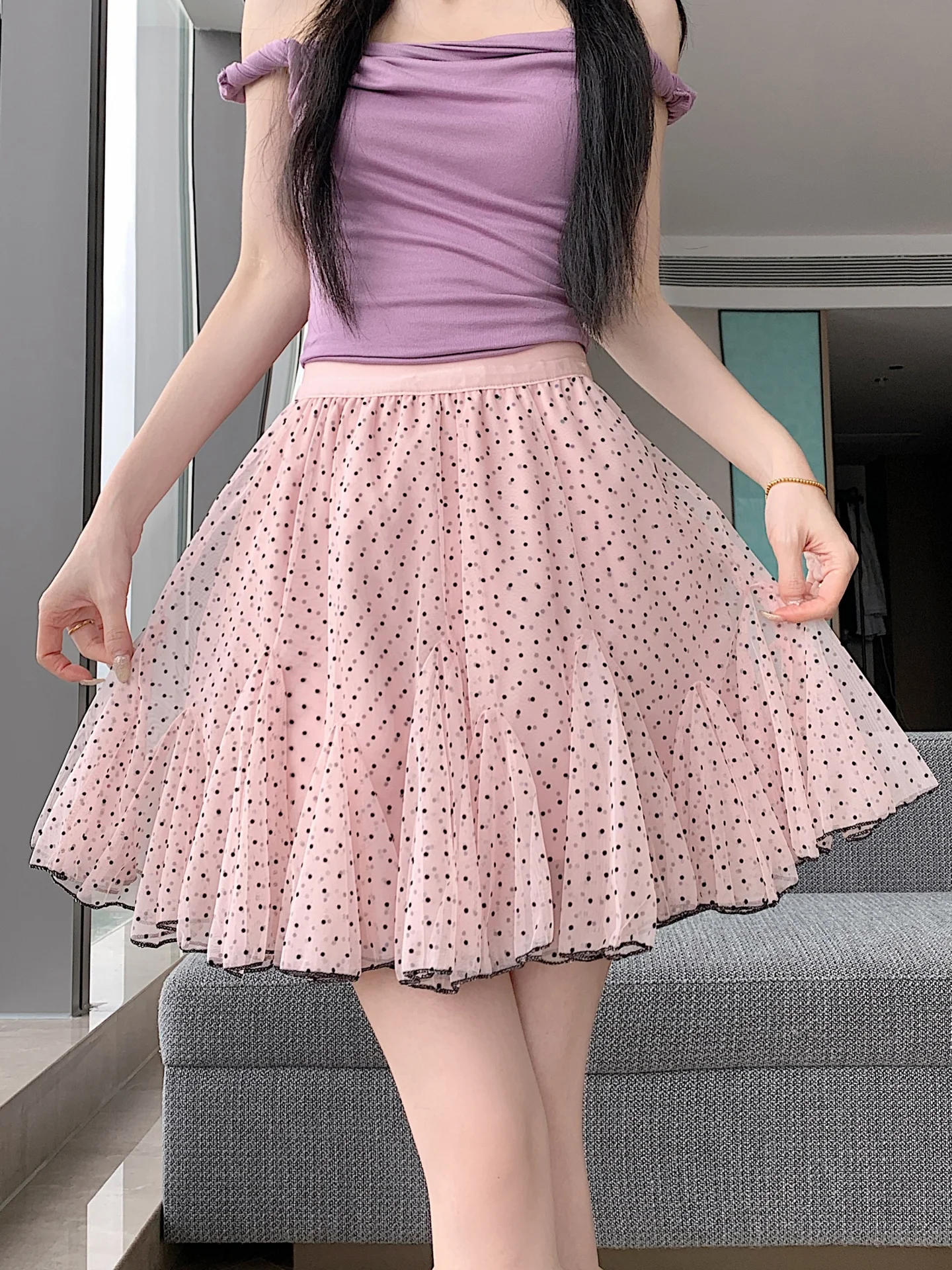 Women's Pleated  Skirt Summer New Style Elastic Waist Slimming Fluffy A-Line Short Skirt Casual Polka Dot Asymmetrical