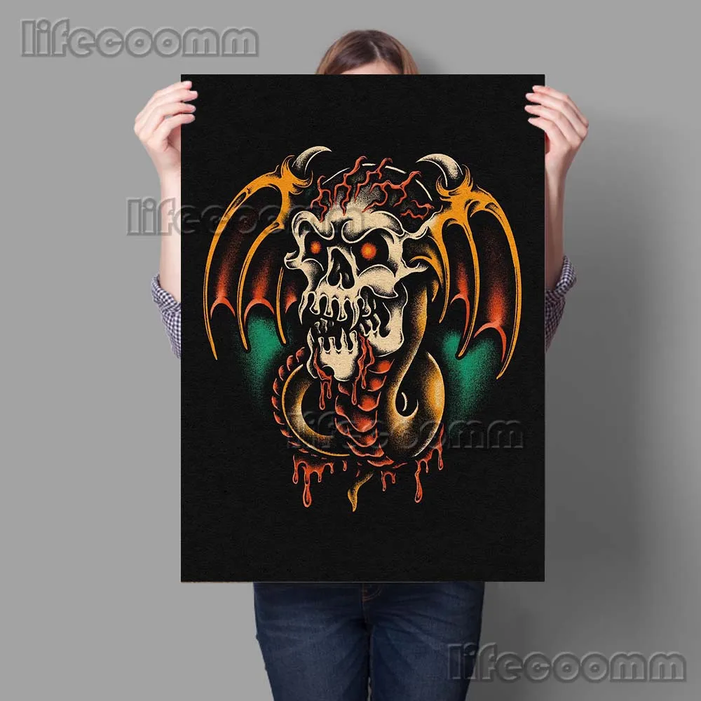 Death,Wizard,Dragon And Gluttonous Skeleton Demon Abstract Carton Art Poster Print Gothic Horror Wall Art Canvas Painting Decor