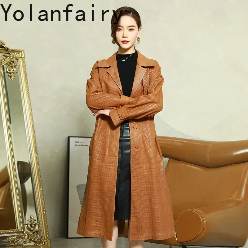 YOLANFAIRY سترة جلدية حقيقية النساء الملابس جلد الغنم خندق معطف موضة السيدات حزام سترة واقية متوسطة الإناث سترة جلدية