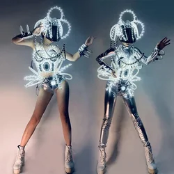 LED Technology Show Dancer Performance Stage Costume Headwear Split Suit Bodysuit Gogo Dance Clothes  Festival Costume