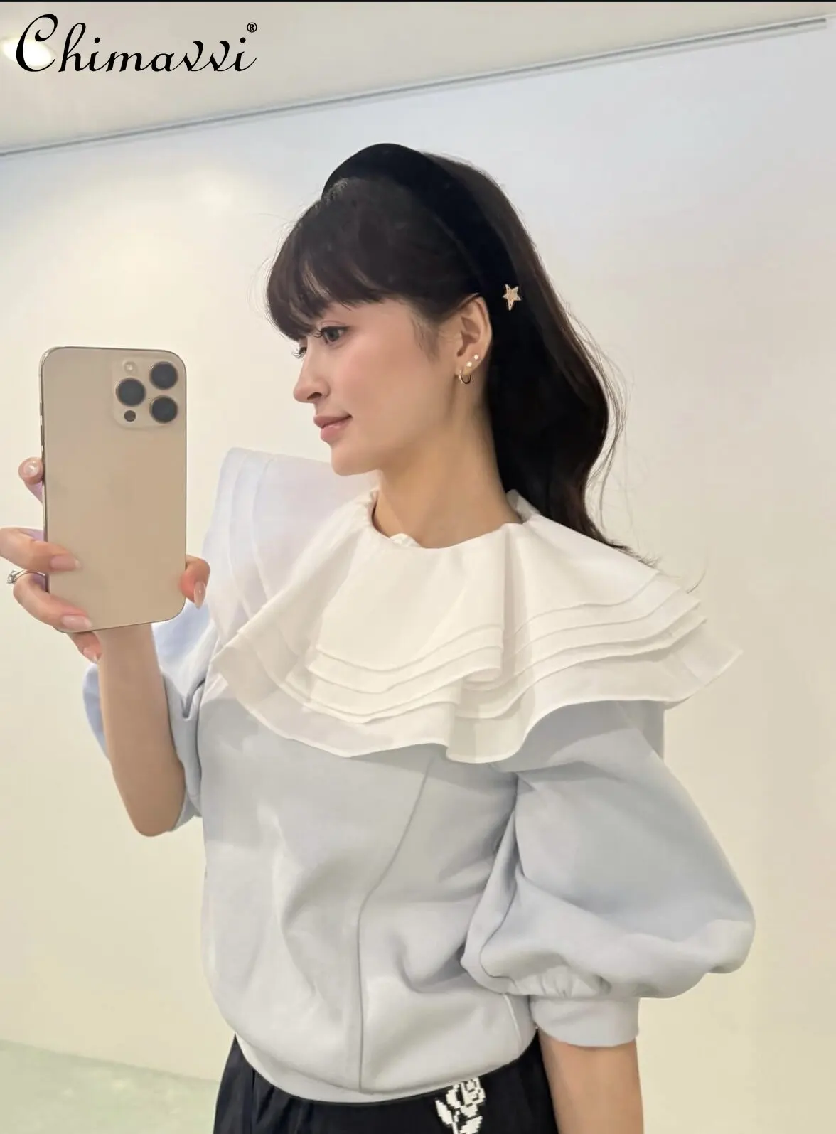 

Japanese Style Sweet Ruffle Collar Short Sleeve Sweatshirt Top New 2026 Summer Cute Girl Round Neck Casual Pullover Women