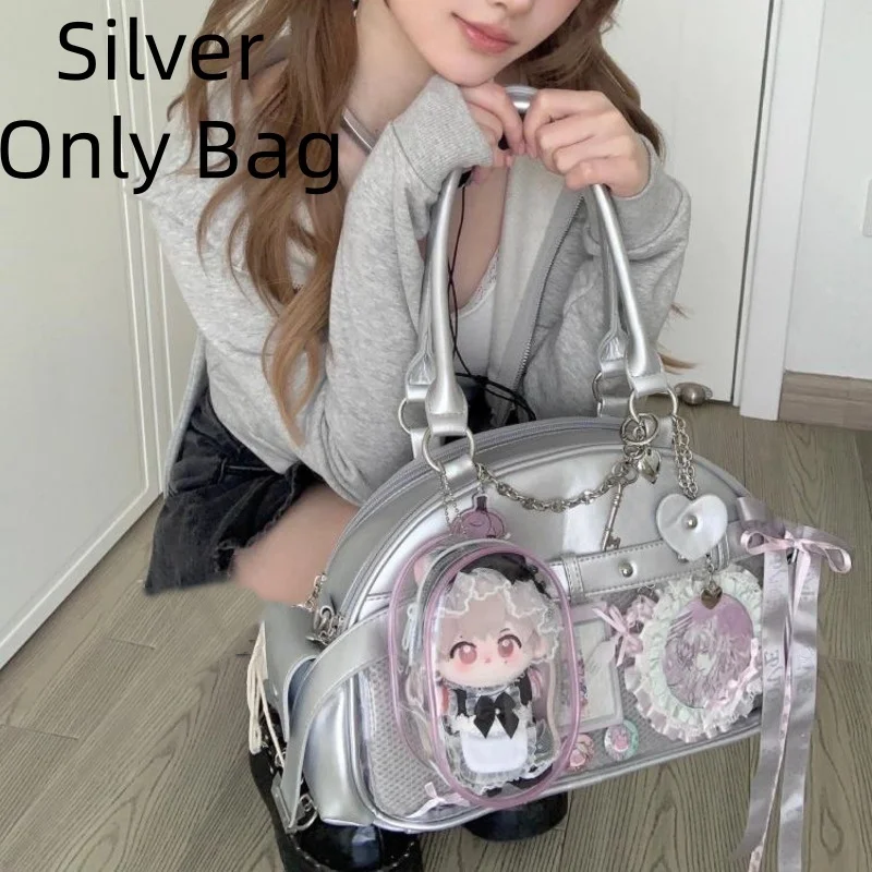 

Silver Korean Boston Handbag Women High Capacity College Student Tote Bag Chain Y2k Design Sweet Shoulder Bag Cute Girls Itabag