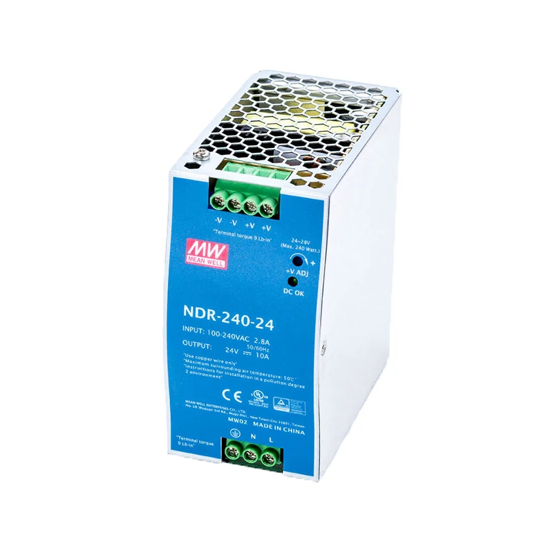 NDR-240-24 AC-DC Single output Industrial DIN rail power supply; Output 24Vdc at 10A; metal case