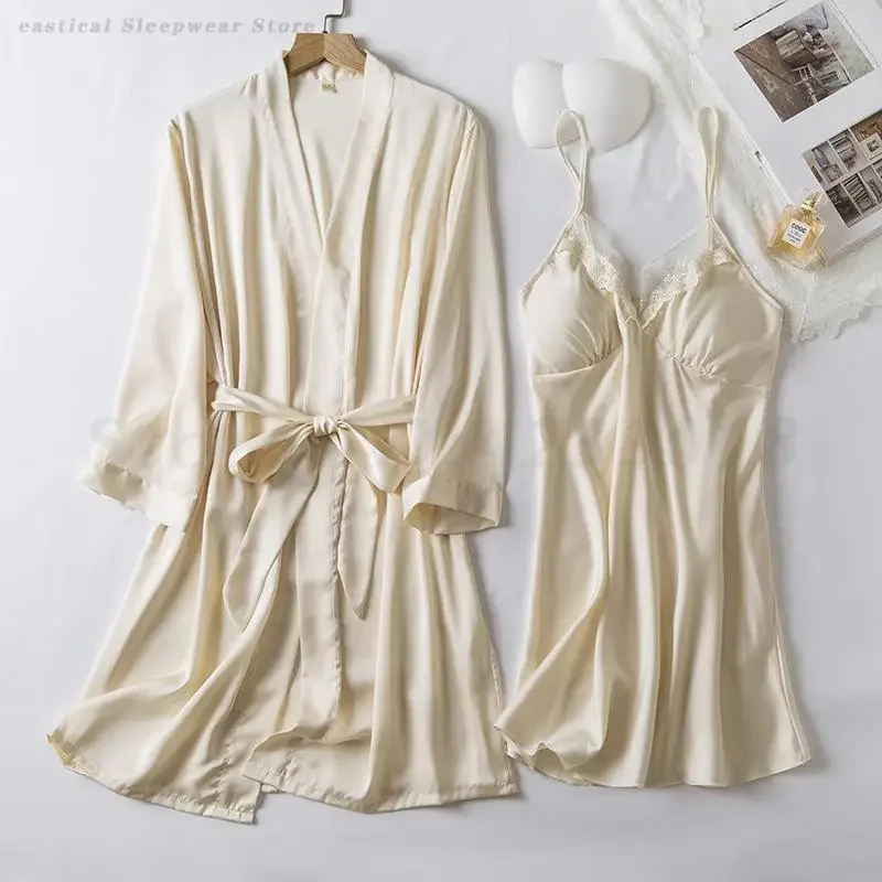 Pink Robe Nightgown Set Bride Wedding Sleepwear Sexy Kimono Bathrobe Gown Lace Chemise Nightdress Lingerie Rayon Homewear 5