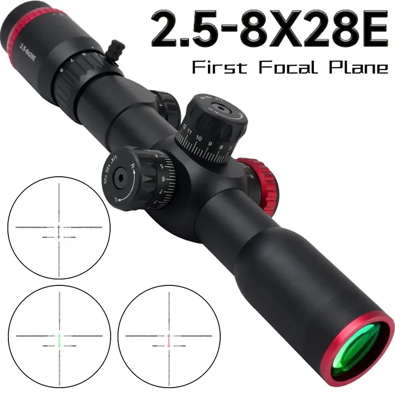 

FFP 2.5-8x28E Riflescope Double Cross Reticle Hunting Scope Red/Green Tactical Illuminated Optics Airsoft Spotting Sight 11/20mm