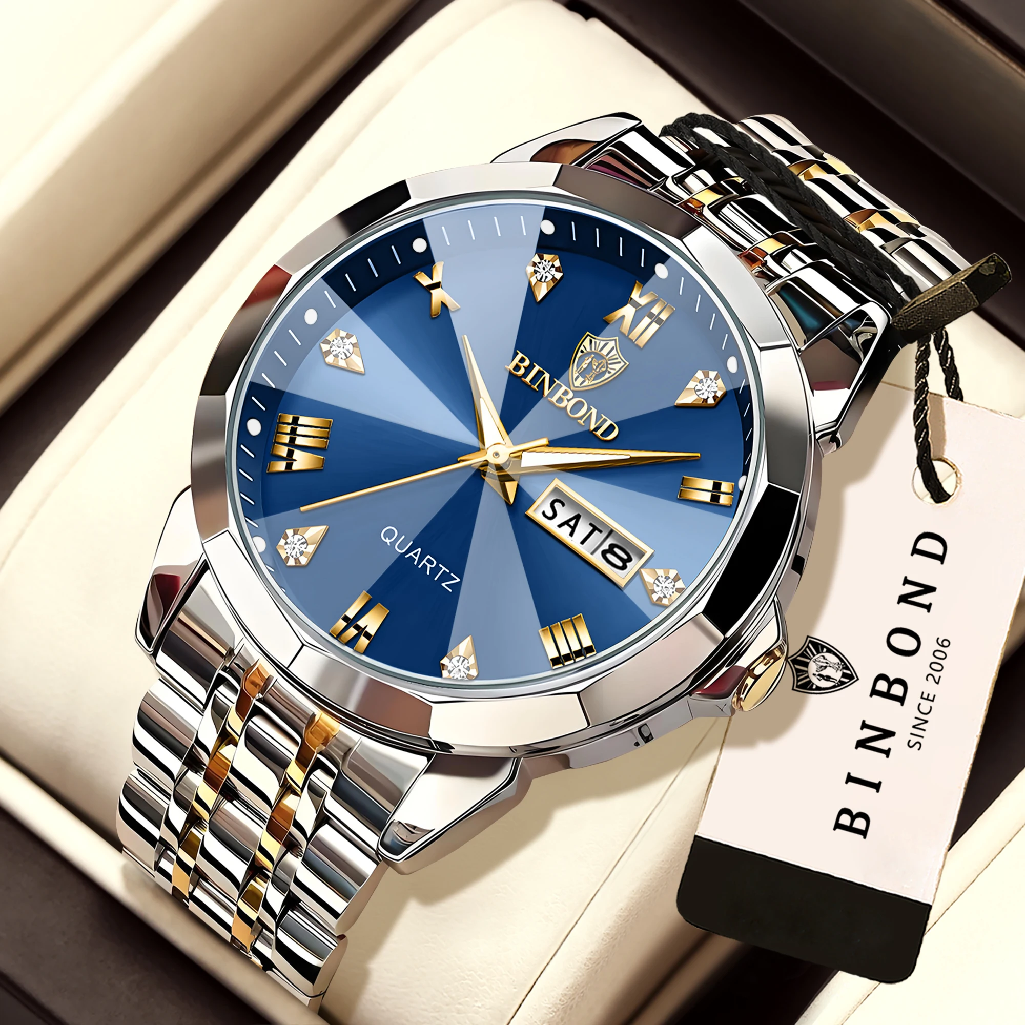 BINBOND Quartz Wristwatches For Men Luminous Waterproof Men's Watch Stainless Steel Original Reloj Para Hombre Todo +Box