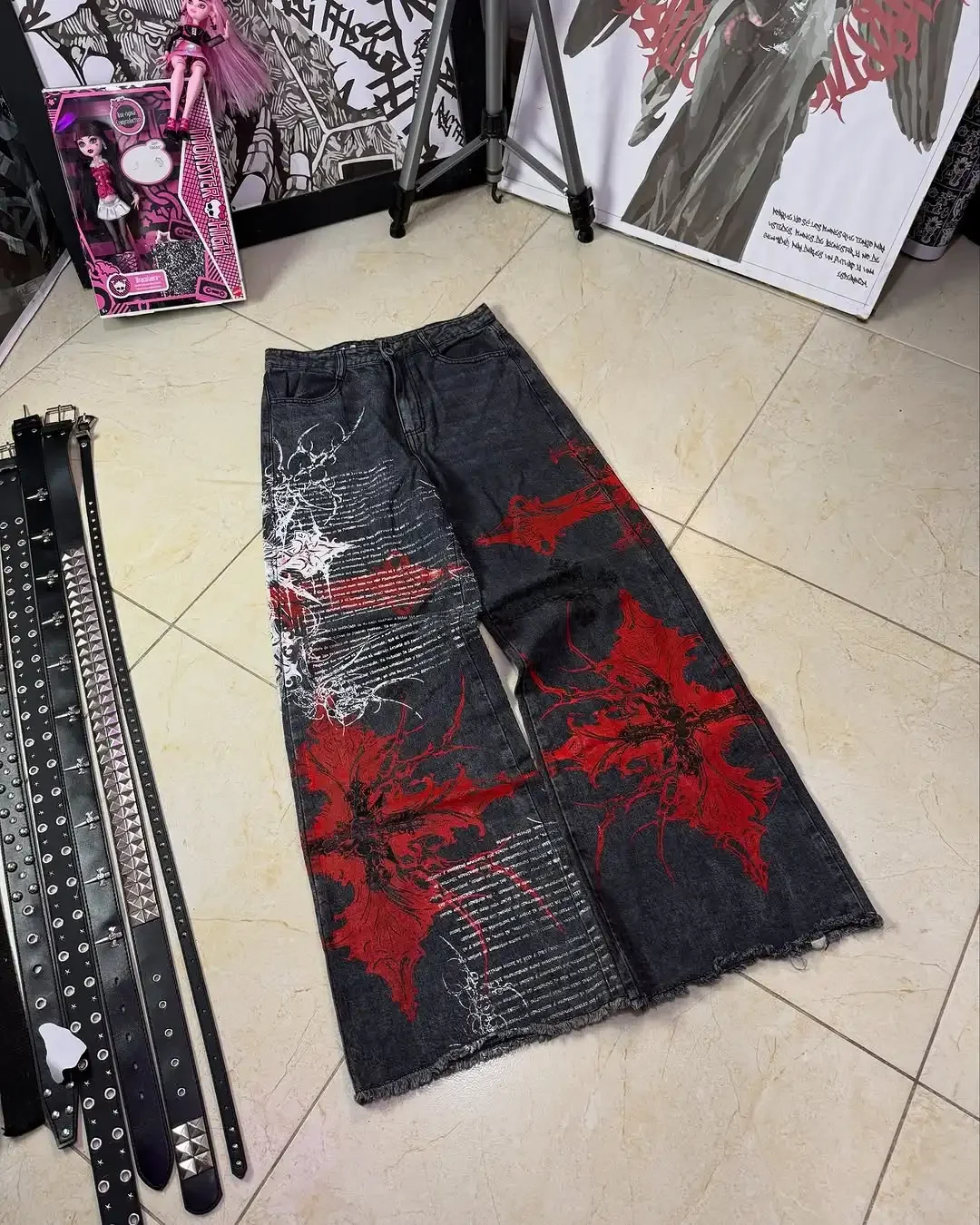 

2025 Y2K Harajuku Gothic Graphics Baggy Jeans Women High Street Retro Cross High Waist Wide Legs Hip Hop Vintage Streetwear