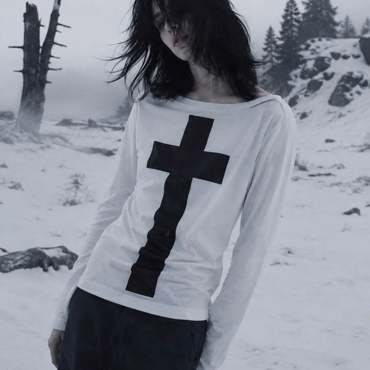 Punk Girl Cross Pattern Long Sleeve Women's Clothing Gothic Punk Printed Long Sleeve Top Aesthetics Grunge Harajuku Long Sleeve