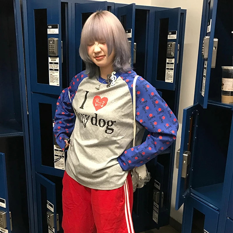 Tonngirls Harajuku Print T-shirt Vrouwen Patchwork Losse Casual Tee Tops Y2k Japanse Vintage Grunge Tops Amerikaanse Retro Herfst