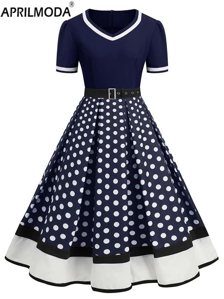 2024 anni '50 anni '60 scollo a V vita alta abito Vintage pieghettato stampa a pois donna estate manica corta anni '50 vestito estivo da festa Robe s ~ 4XL