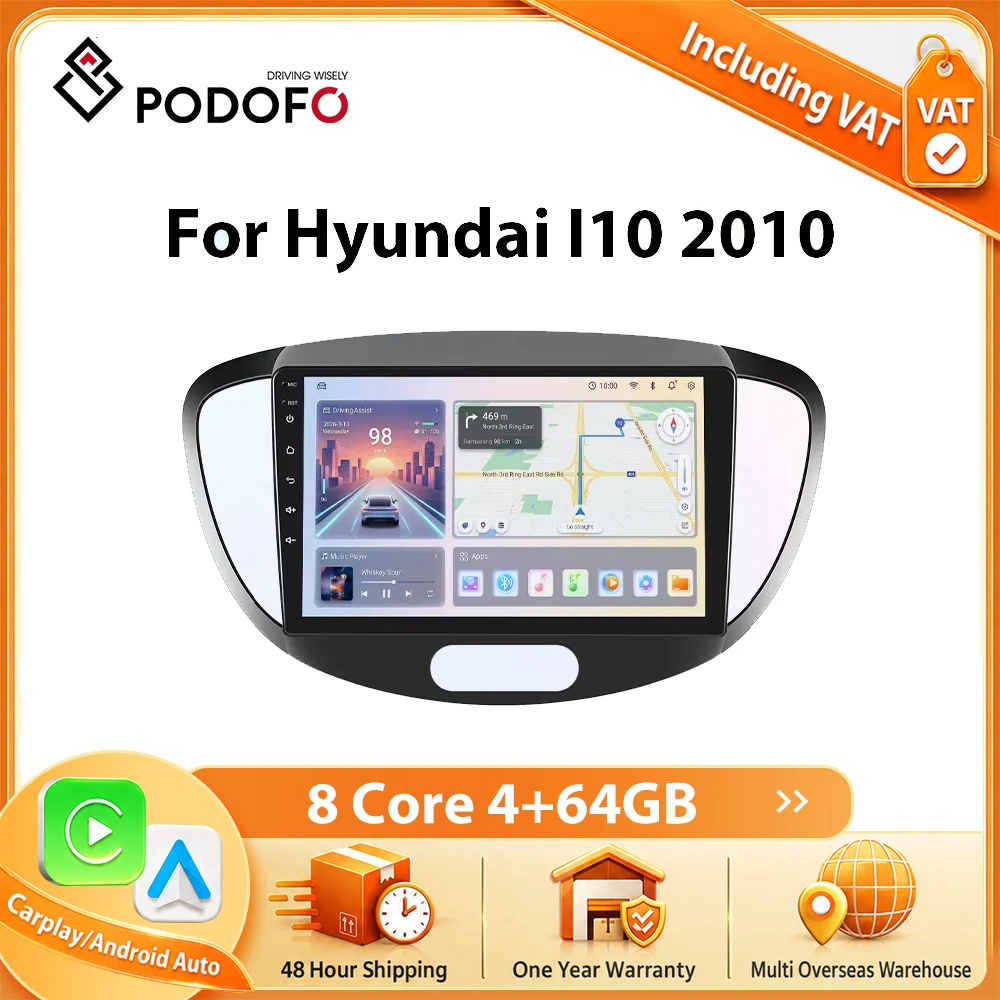 Autoradio Android Carplay Auto pour Hyundai I10 2010, lecteur multimédia 2din, navigation GPS, audio stéréo DSP