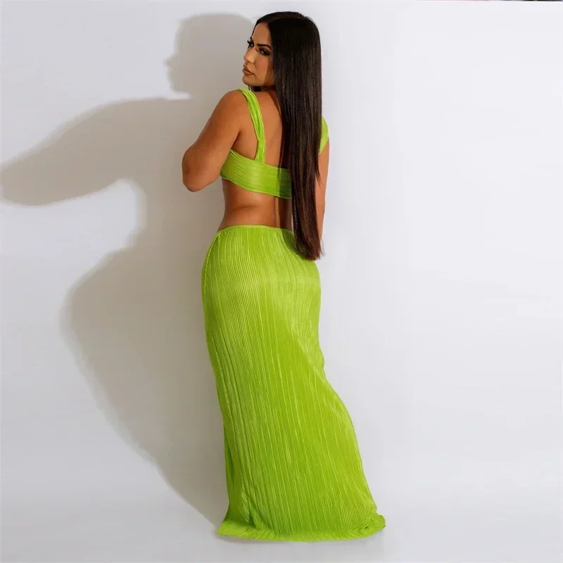 GUWU Sexy Party Night Tweedelige Rok Set voor Vrouwen Zomer Clubwear Crop Top en Ruches Hoge Split Maxi Rokken Bijpassende Sets
