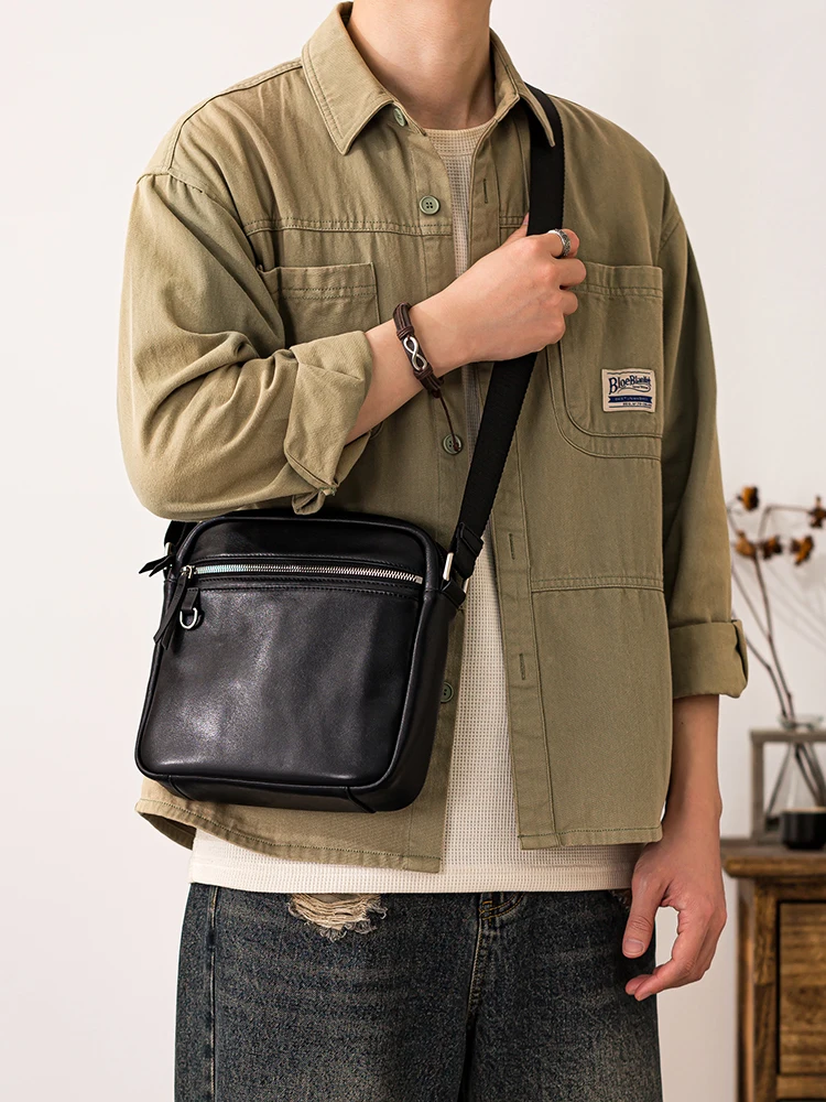 PNDME Casual High-Quality Genuine Leather Men's Black Small Shoulder Bag Weekend Daily Light Real Cow Leather Crossbody Bag