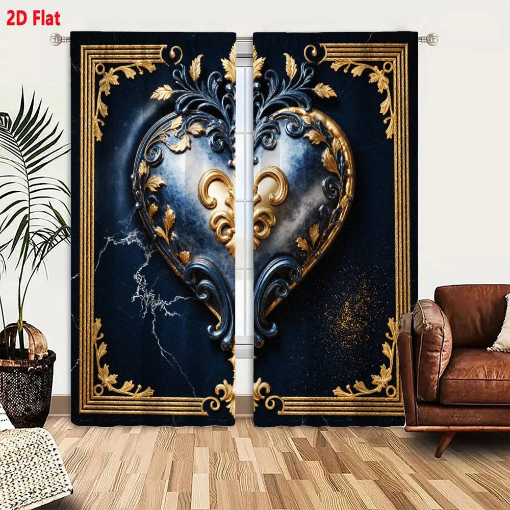 2Pcs Curtains 2D Flat Ornate Decorative Heart Shaped Design Blue With Gold Accents Swirling Patterns Leafy Motifs Fleur De Lis E