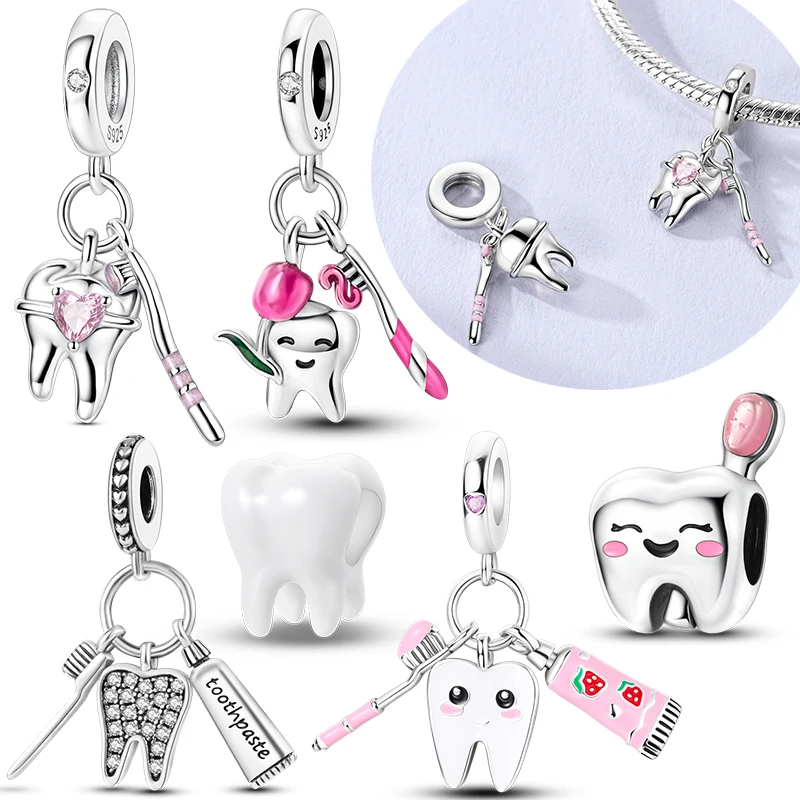Original 925 Sterling Silver Charms Bead Toothbrush Pendant Tooth Bead Fit Original Bracelet For Women DIY Jewelry Gift