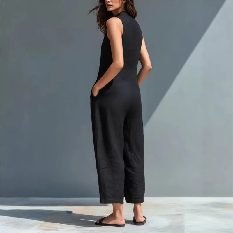 Macacao Elegante Feminino V-neck Sleeveless Vest Pocket Casual Jumpsuit Women Summer New Commuter Versatile Solid Color Jumpsuit