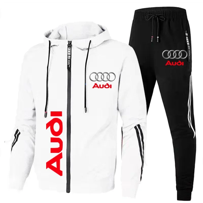 Men\'s Tracksuit Men Audi Logo Print Zipper Sweatshirt+Pants 2 Piece Suit Fitness Jogging Sets Suit Audi Men Clothing Sportswear