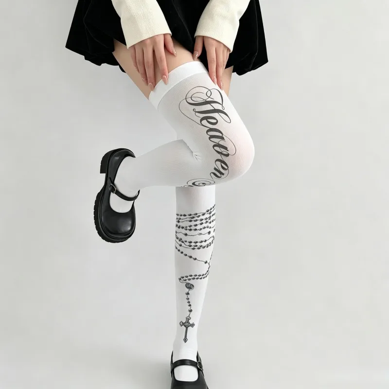 

Gothic Y2k Cross Music Note Piano Pattern Thigh Highs Socks Summer White Sheer Stockings Sexy Street Party Night Over Knee Socks