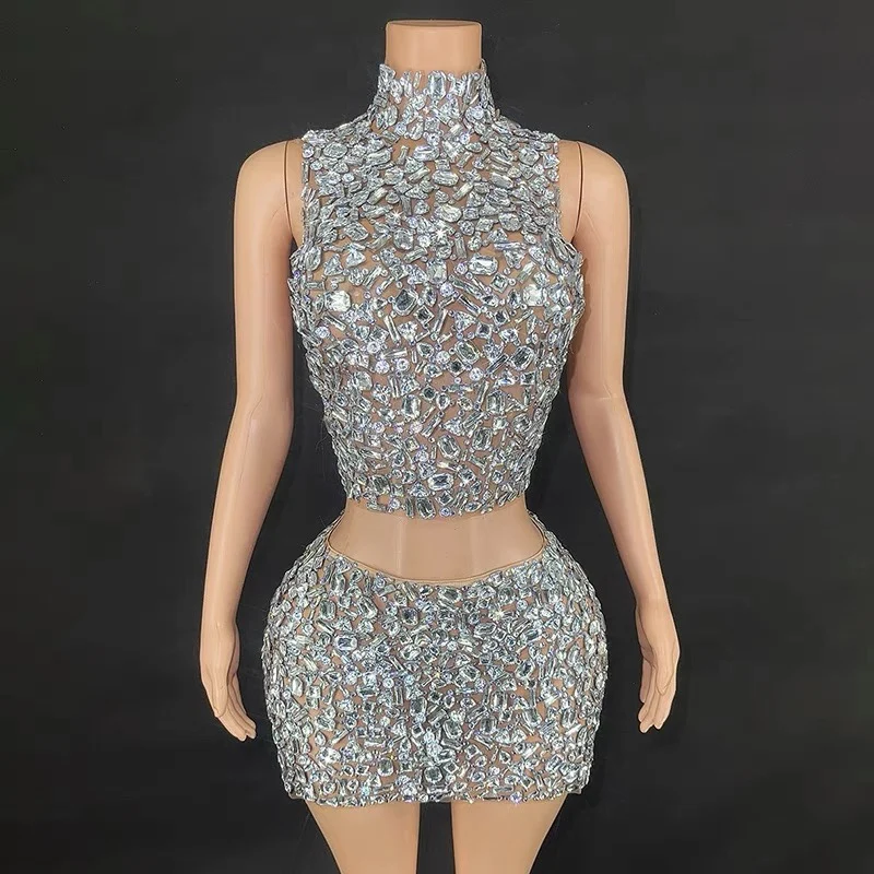 2025 New Nightclub Bar Stage Performance Dress Fashionable and Sexy Hanging Neck Water Diamond Tank Top Short Skirt yj037